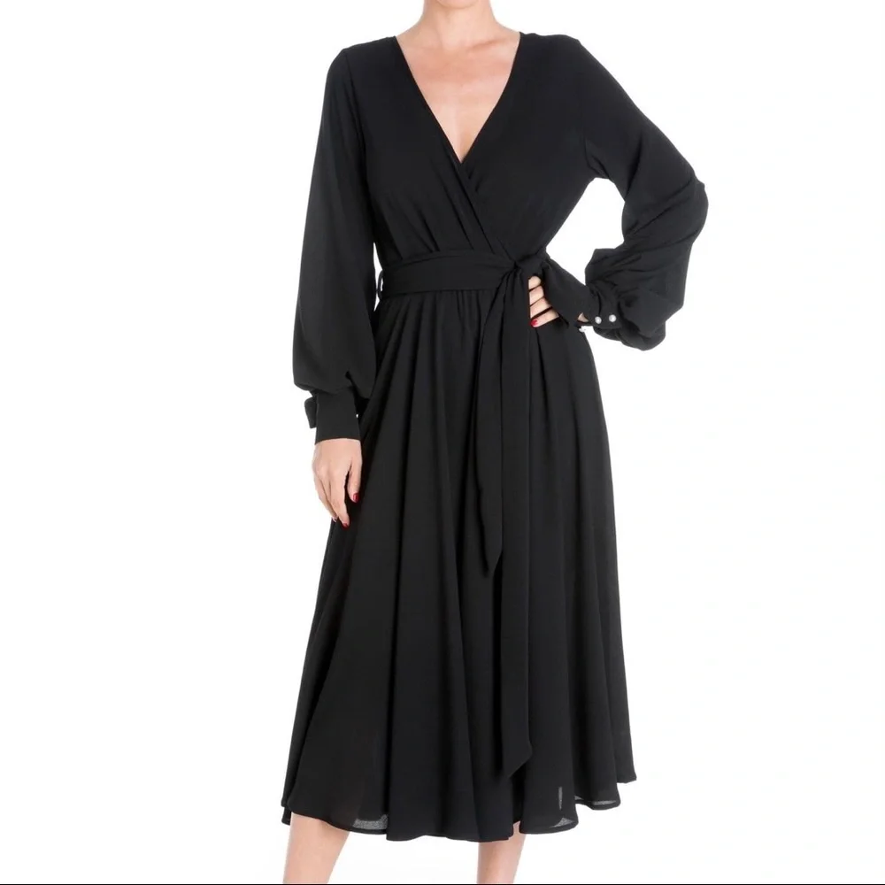 [ Sold ] Meghan LA Black Midi Wrap Dress, Medium - Picture 5 of 5